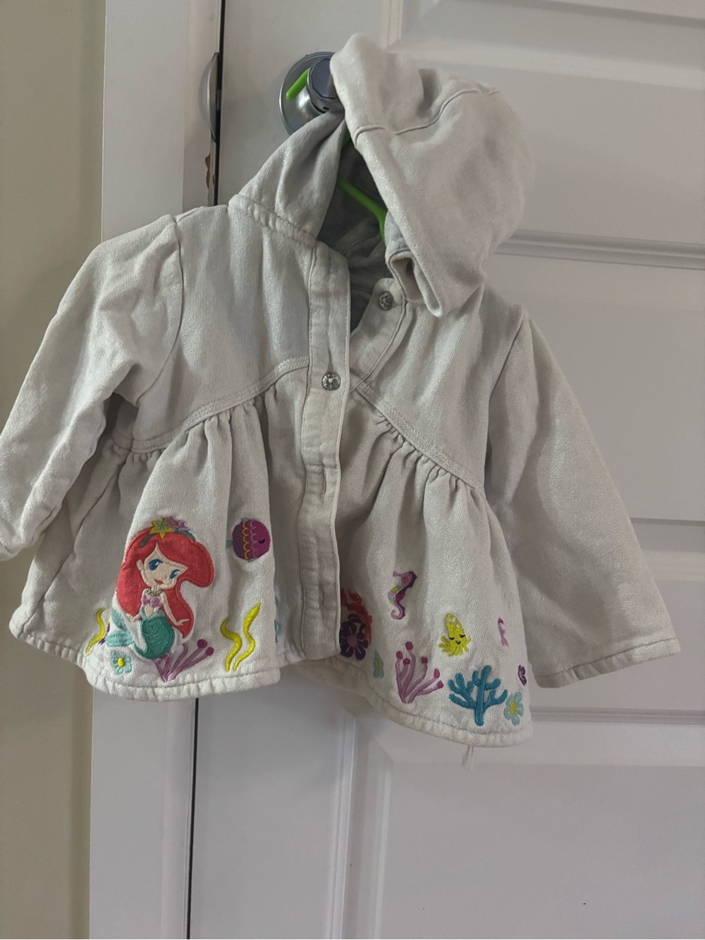Disney Girls Hooded Light Gray Ariel Embroidered Raincoat